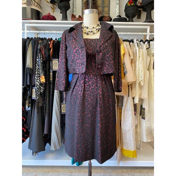 Vintage 1950s 2 piece dress and jacket burgundy and black, s/m, mrs maisel, mcm - Picture 7 of 10